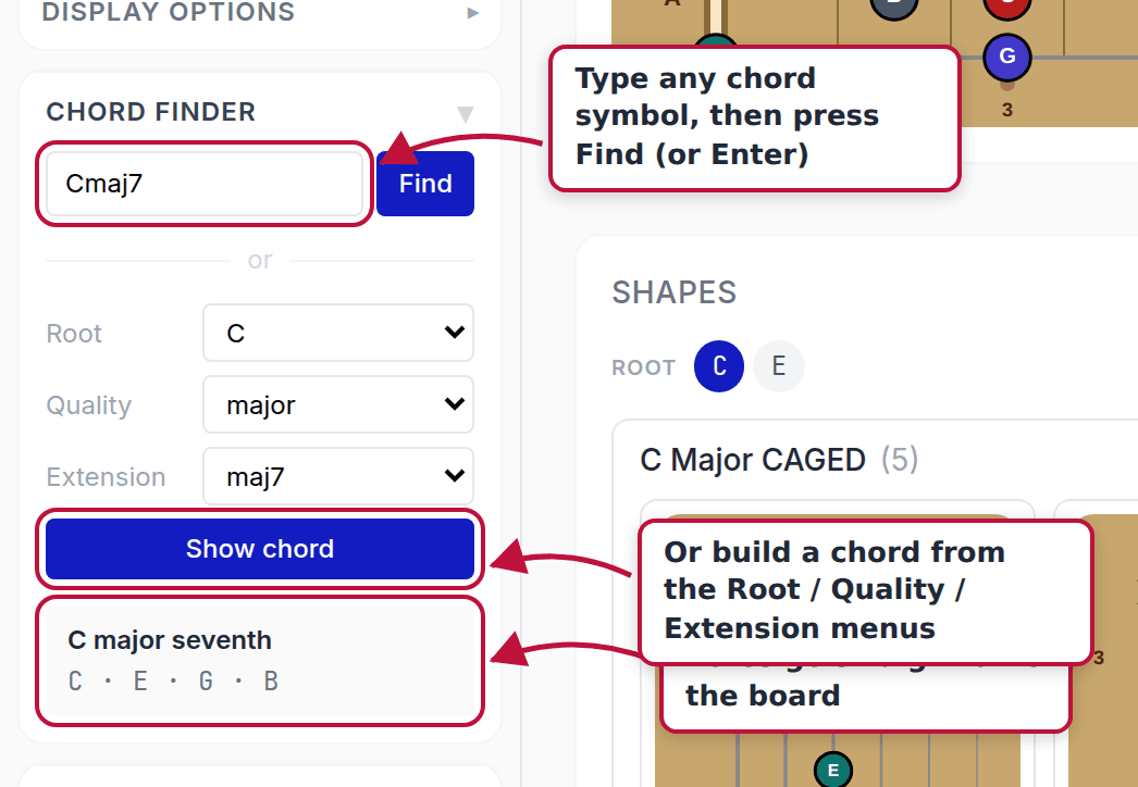 The chord finder with Cmaj7 entered, showing the parsed result C major seventh with notes C, E, G, B, and the structured root/quality/extension dropdowns