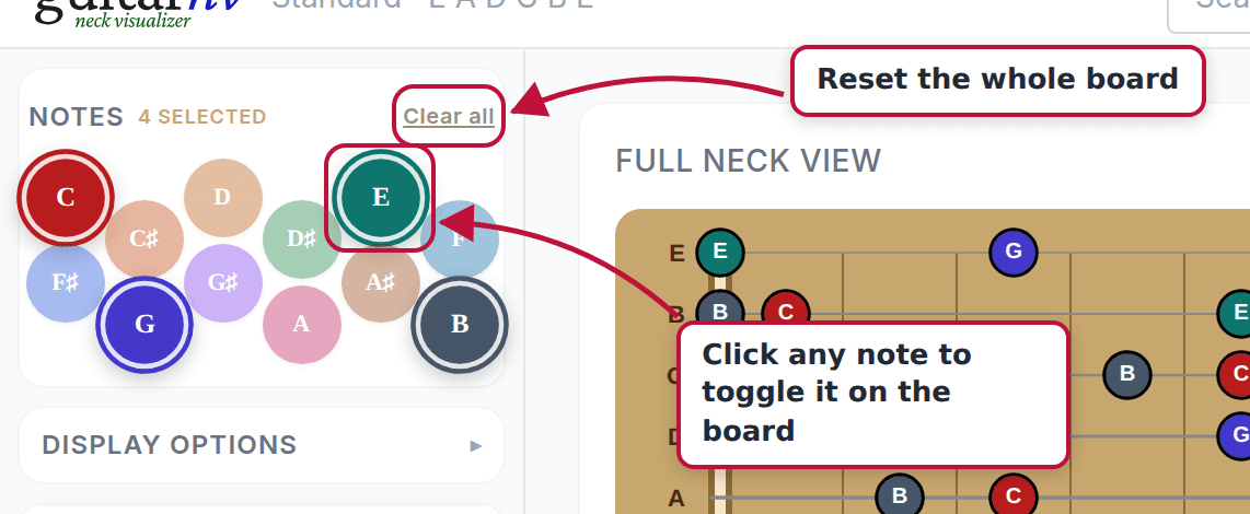 Close-up of the note palette with annotations showing that clicking a note toggles it and Clear all resets the board