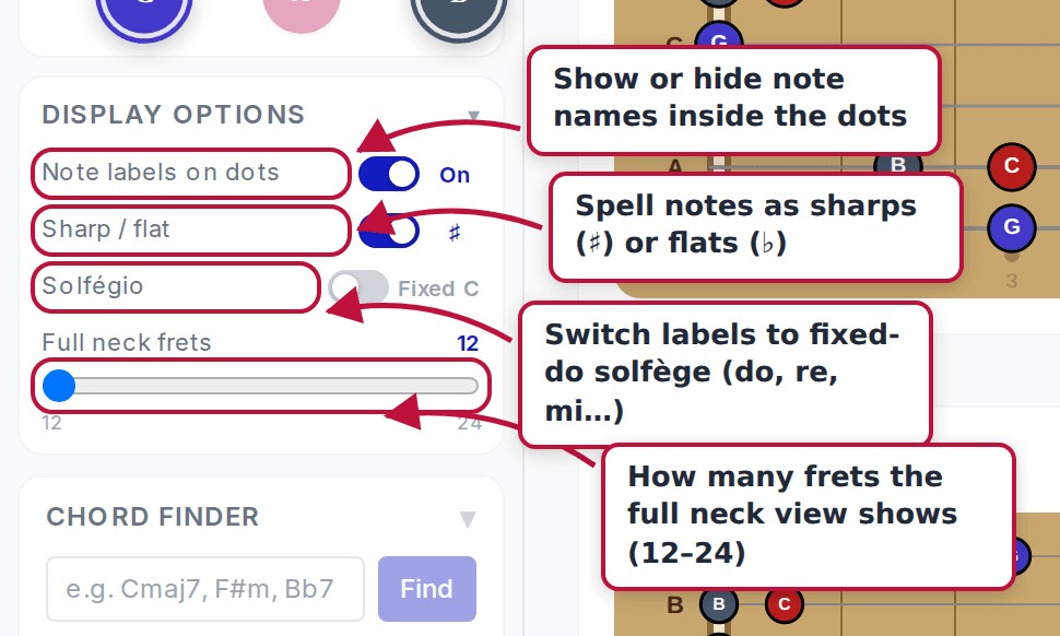 The display options panel with annotations for the note label toggle, sharp/flat toggle, solfège toggle, and fret count slider
