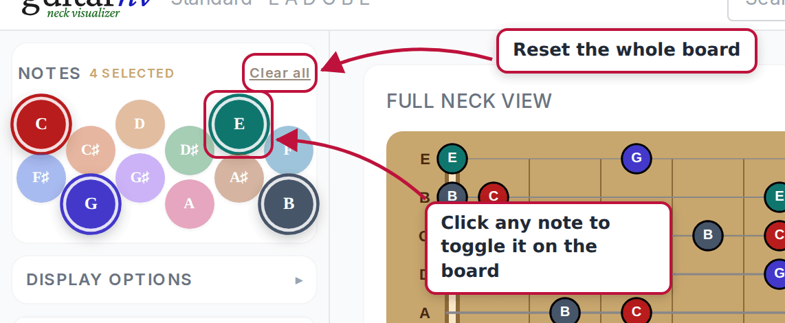 Close-up of the note palette with annotations showing that clicking a note toggles it and Clear all resets the board