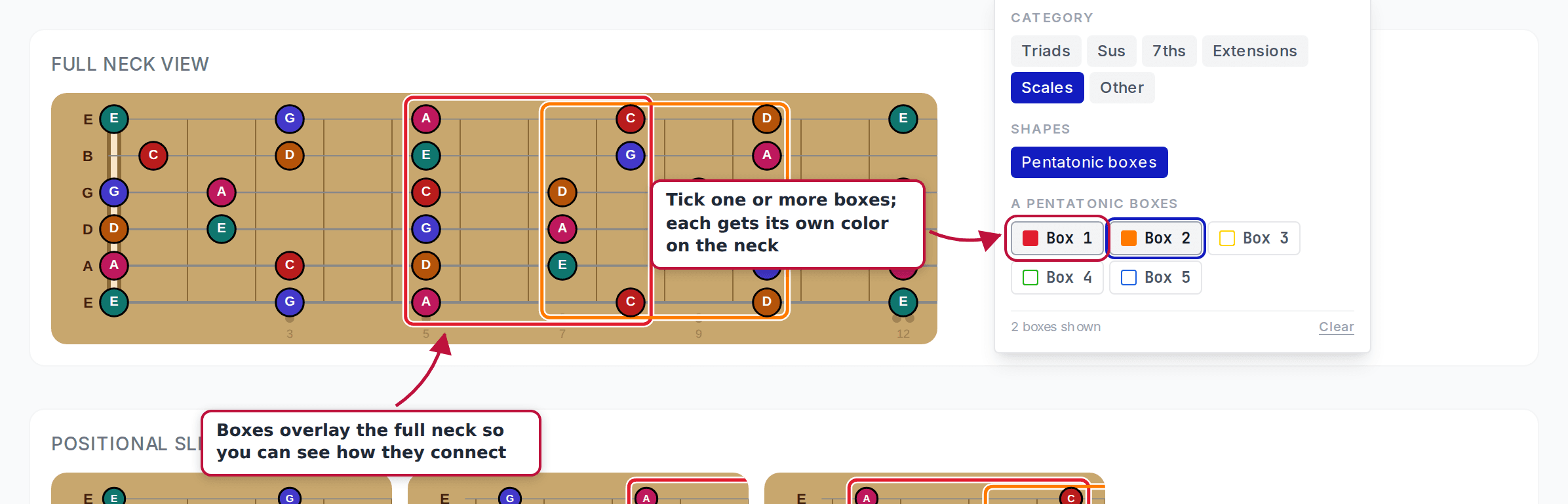 The shapes menu with two A minor pentatonic boxes ticked, each outlined in its own color on the full neck view