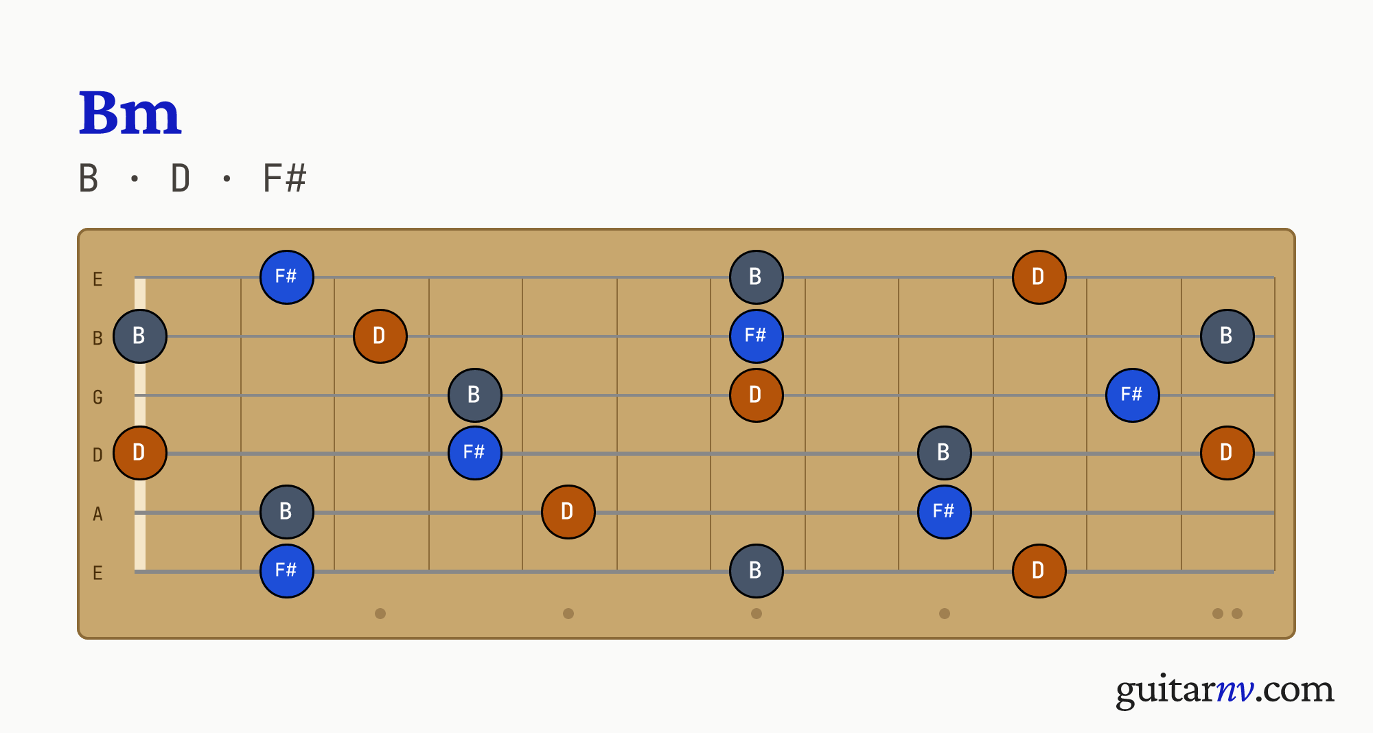 B Minor (Bm) guitar chord — notes B, D, F# shown across the full fretboard, frets 0 to 12.